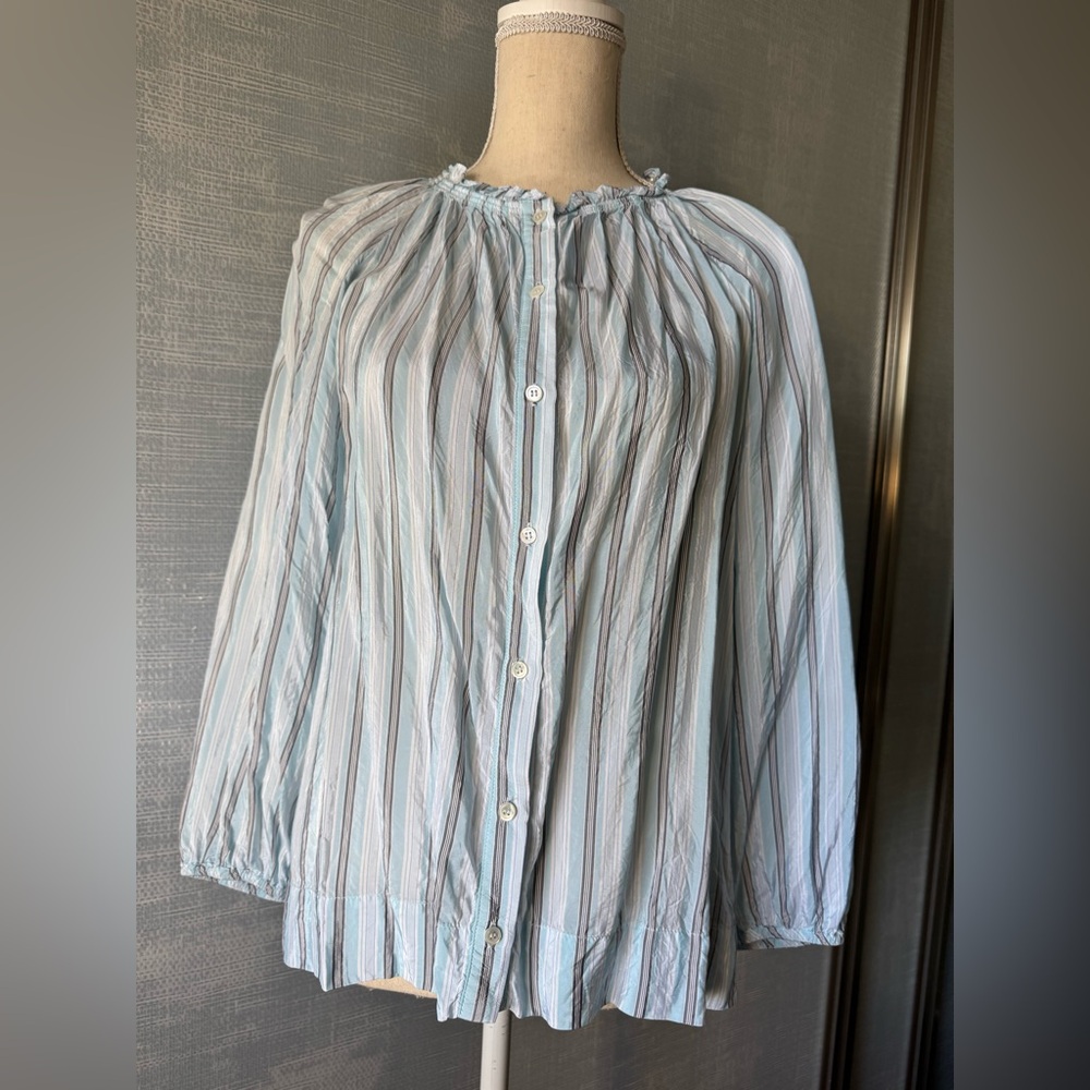BCBGMaxAzria Light Blue and White Striped Satin Button Down Shirt
